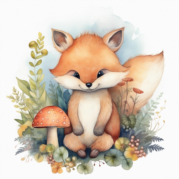 Photo a watercolor painting of a fox and a mushroom