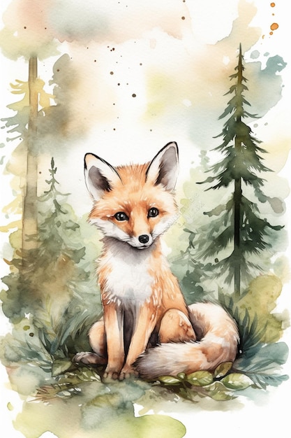 A watercolor painting of a fox sitting in the forest.