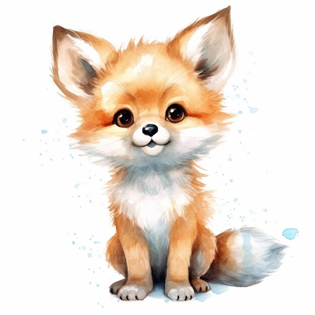 A watercolor painting of a fox sitting on a white background.