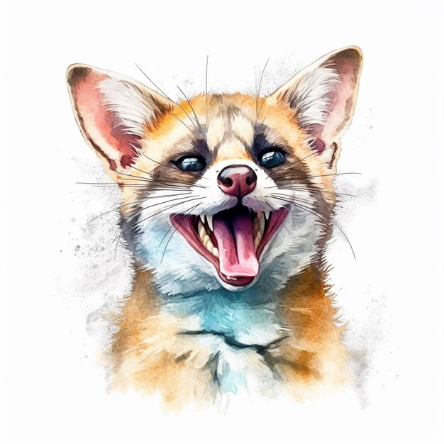 A watercolor painting of a fox with a blue nose and a white nose.