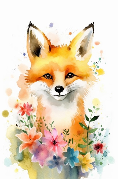 A watercolor painting of a fox with flowers.