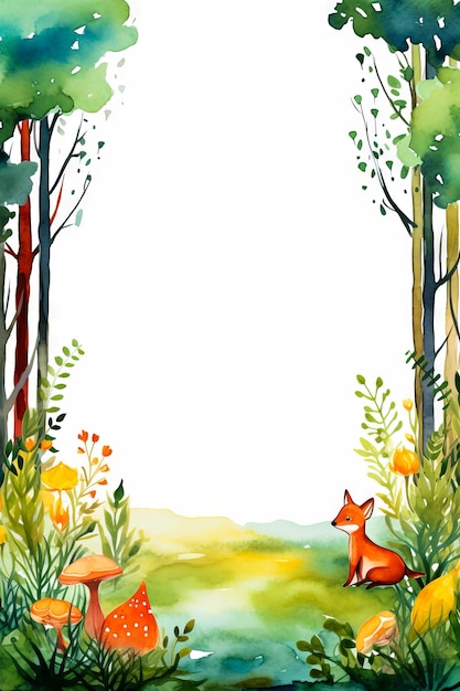 Watercolor painting of fox in the woods with blank space Generative AI