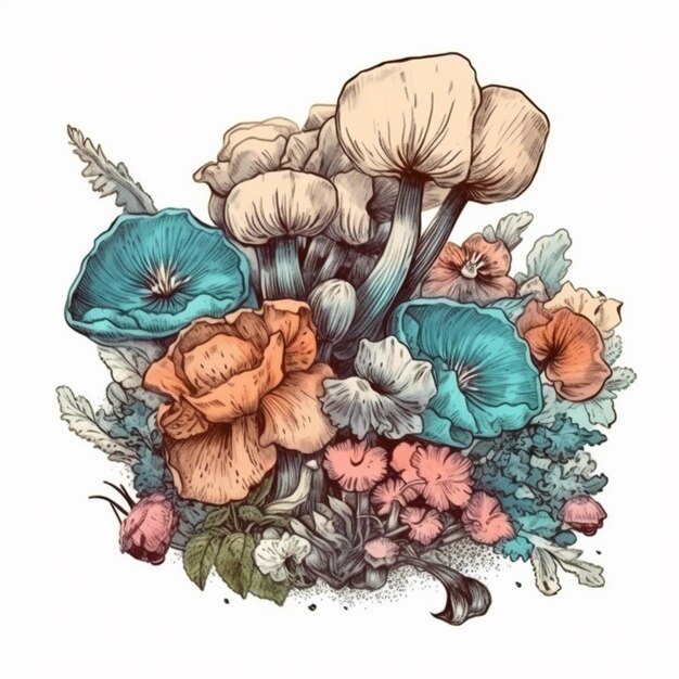 Photo watercolor painting of a fresh bouquet of flowers and mushrooms