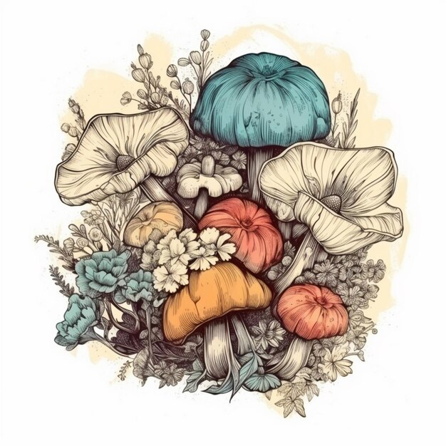 Watercolor painting of a fresh bouquet of flowers and mushrooms