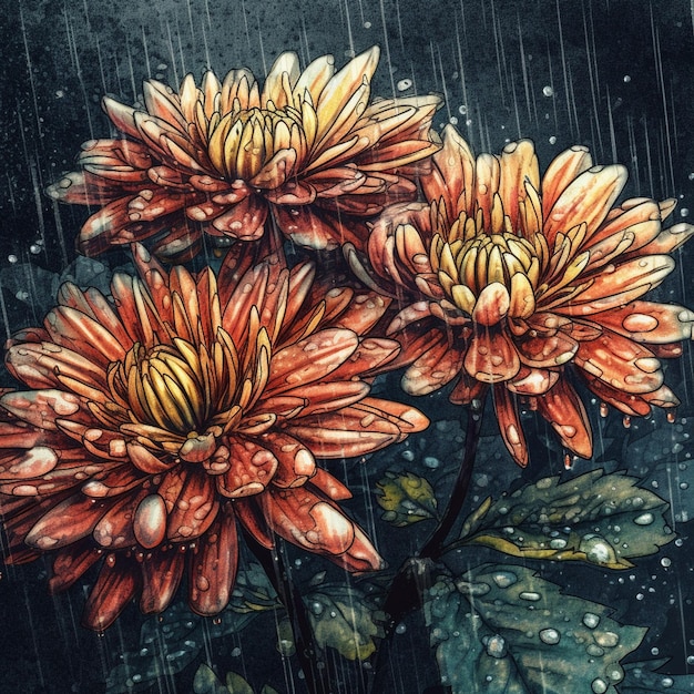 Watercolor painting of fresh Chrysanthemums