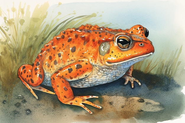 A watercolor painting of a frog with a large orange body and black spots.