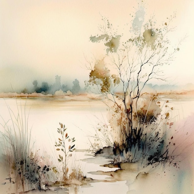 前景に木がある凍った湖の水彩画。