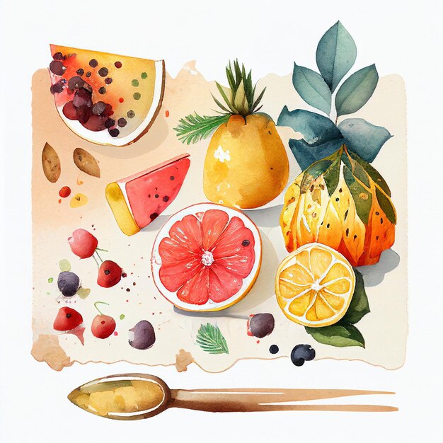 Foto un dipinto ad acquerello di frutta e un cucchiaio