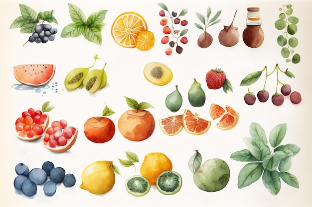 A watercolor painting of fruits and berries