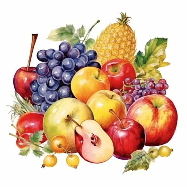 A watercolor painting of fruits and berries