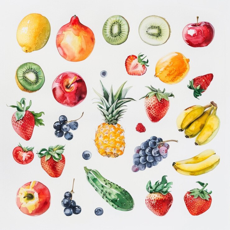Photo 白い背景の果物と野菜の水彩画