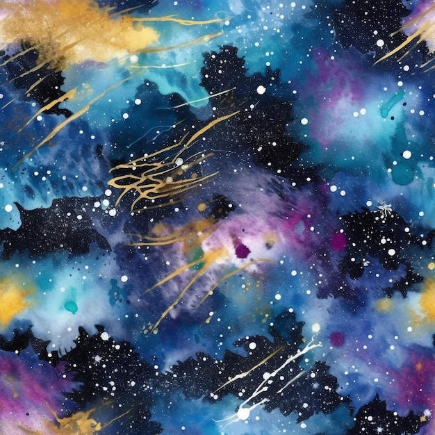 A watercolor painting of a galaxy background with stars and space.