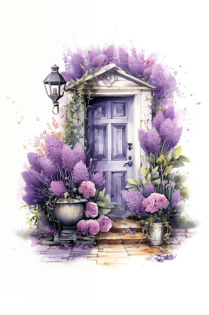 A watercolor painting of a garden with a door and a pot of flowers.