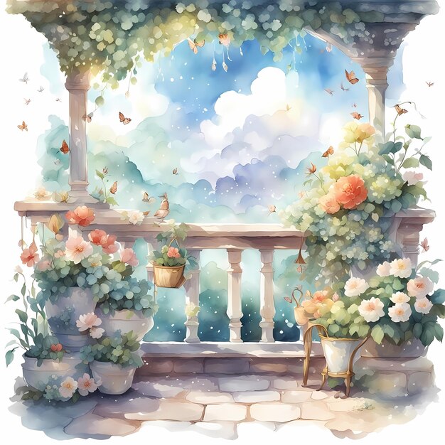 a watercolor painting of a garden with flowers and butterflies