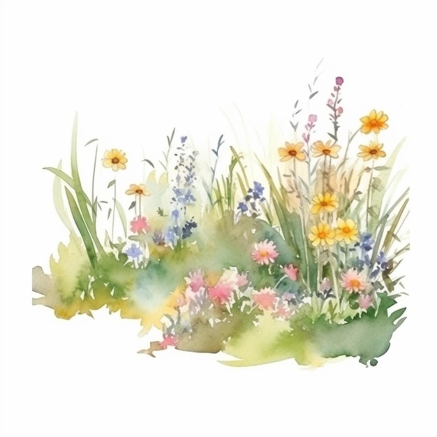 Watercolor painting of a garden with flowers.