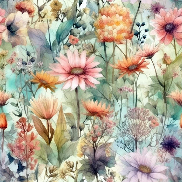 A watercolor painting of a garden with flowers.