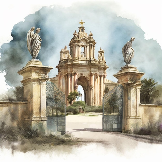 A watercolor painting of a gate with two statues on it.