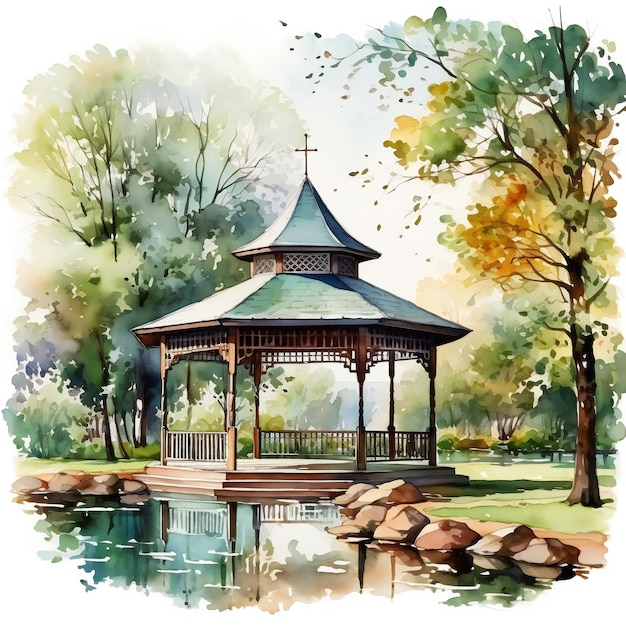 a watercolor painting of a gazebo with a cross on the top.