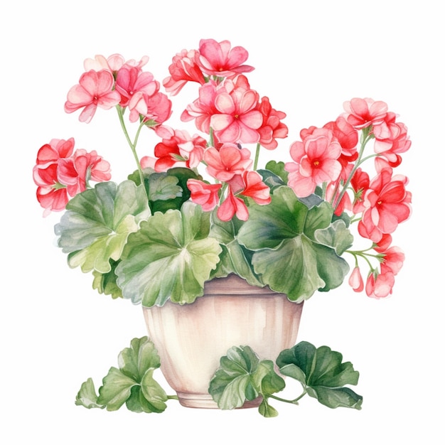 A watercolor painting of geranium flowers in a pot with green leaves.