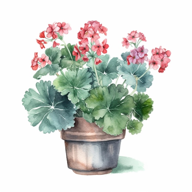 Watercolor painting of geranium in a pot