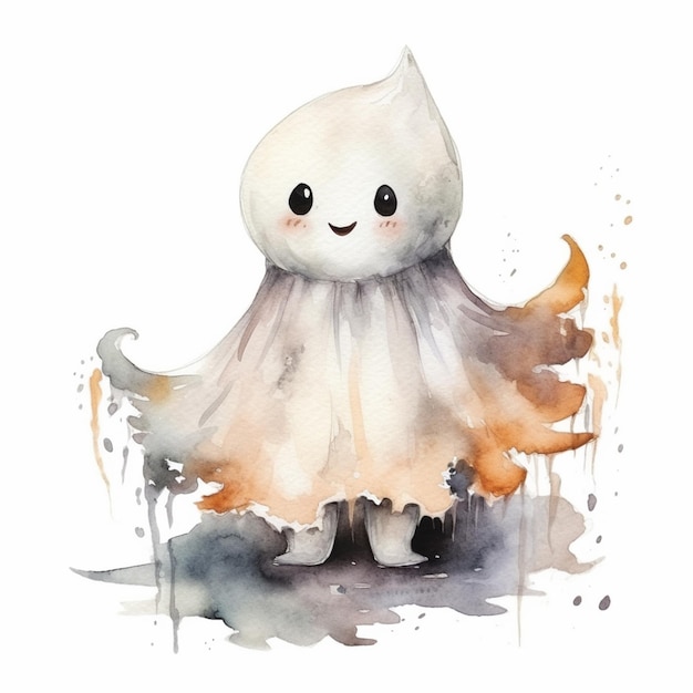 A watercolor painting of a ghost with orange wings and a tail.