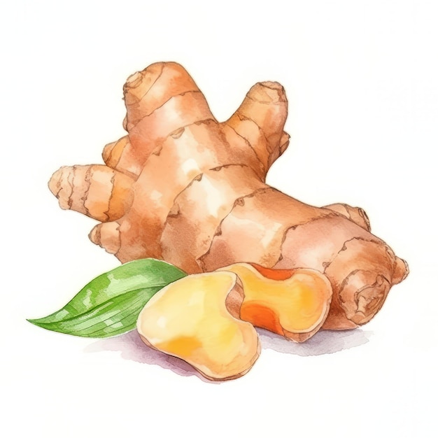 A watercolor painting of a ginger root and a green leaf.