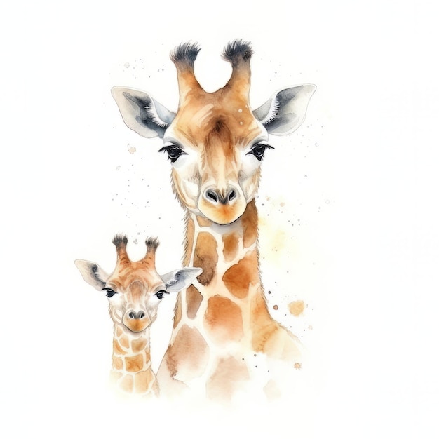 A watercolor painting of a giraffe and her baby