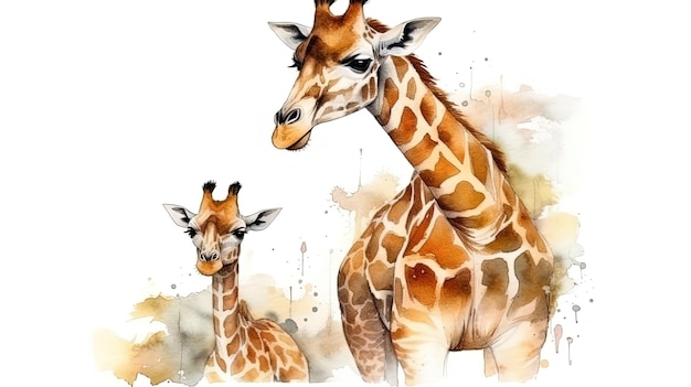 A watercolor painting of a giraffe and her baby.