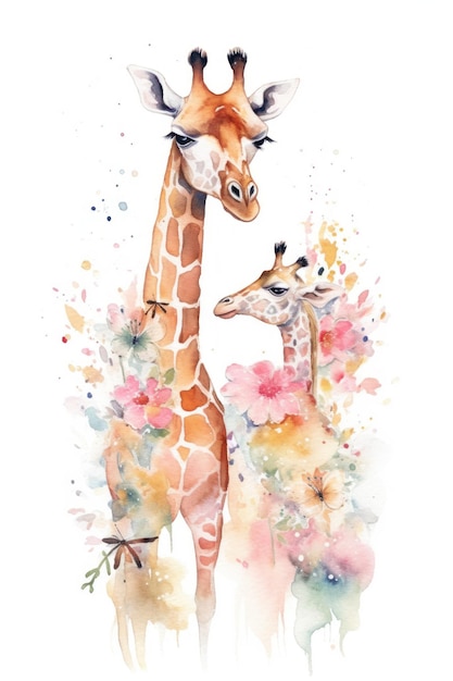 Watercolor painting of a giraffe and her baby