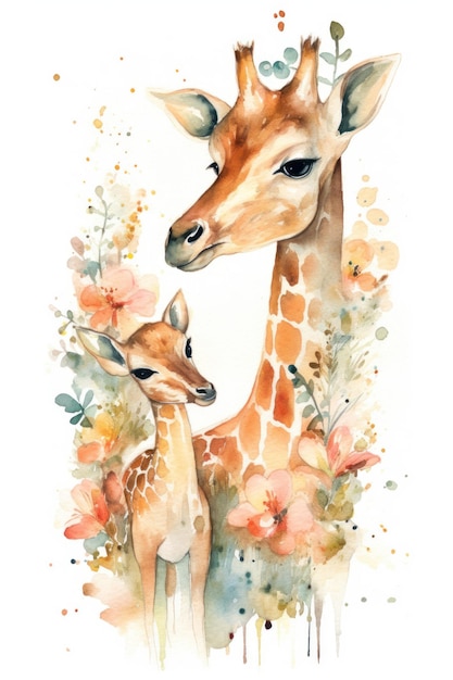 Акварельная картина жирафа и ее детеныша