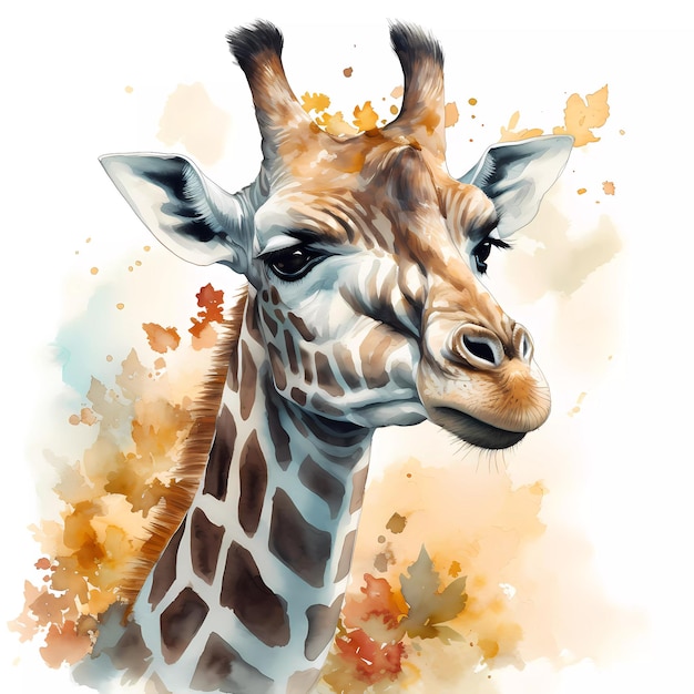 A watercolor painting of a giraffe portrait