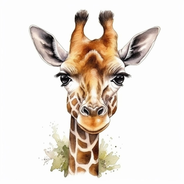 A watercolor painting of a giraffe with a black nose and a black nose.