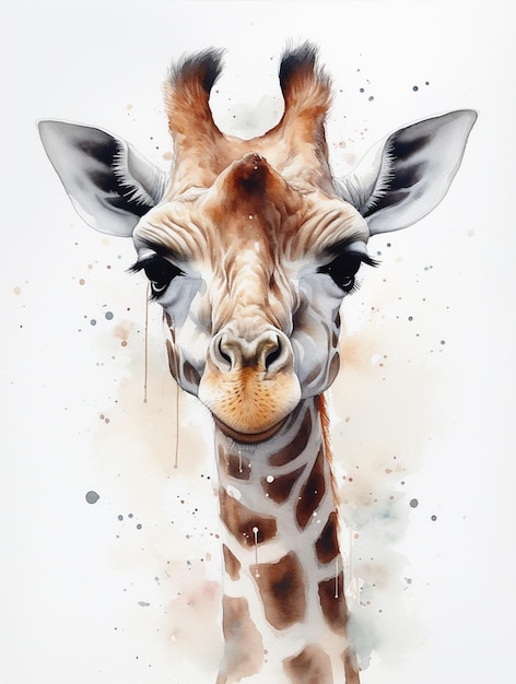 A watercolor painting of a giraffe with a black and white background.