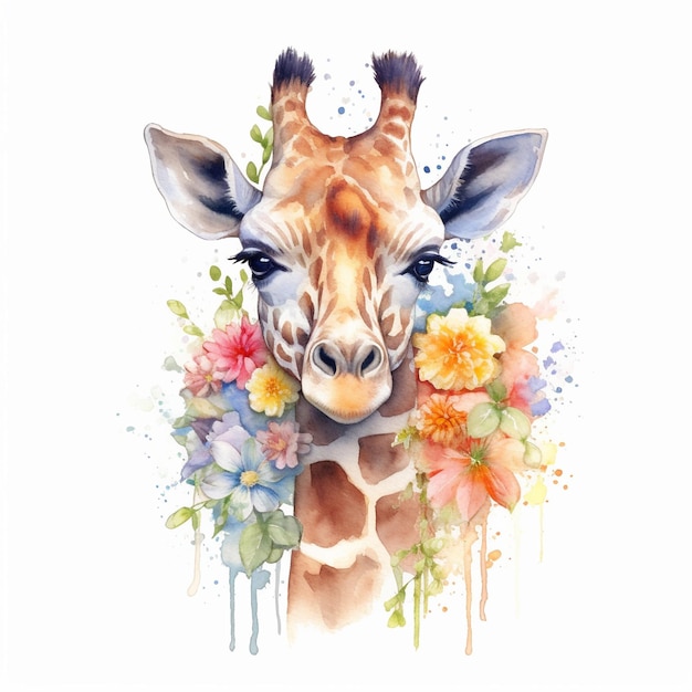 A watercolor painting of a giraffe with flowers on his face