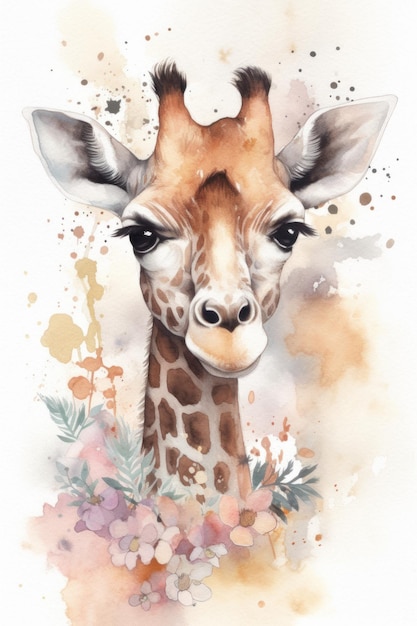 Watercolor painting of a giraffe with flowers