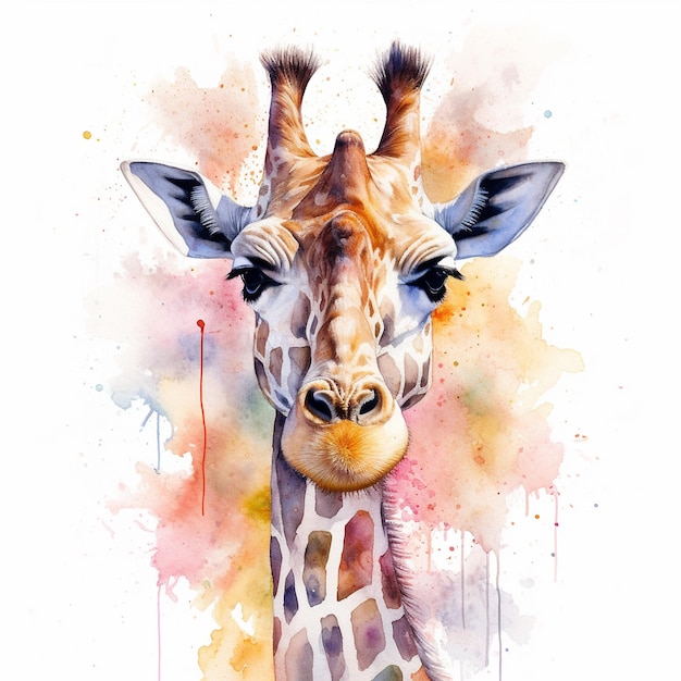 A watercolor painting of a giraffe with the head turned to the right.