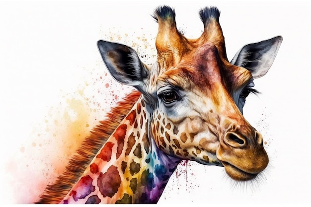 A watercolor painting of a giraffe with a multicolored head and a long neck.