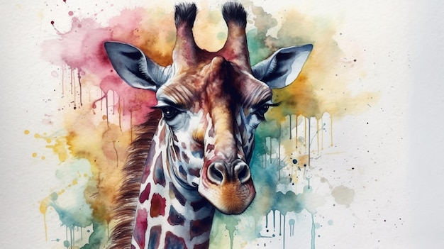 A watercolor painting of a giraffe with the name giraffe on it.