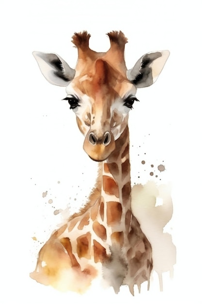 Watercolor painting of a giraffe with a white background.