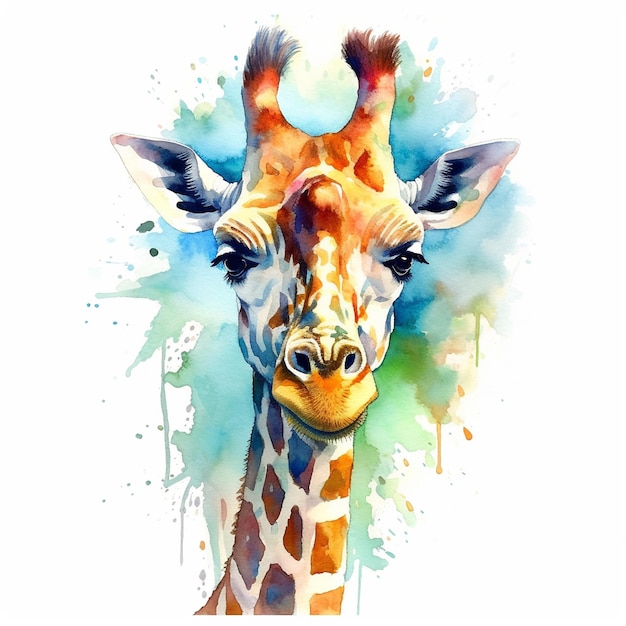 A watercolor painting of a giraffe with a yellow head and a black nose.