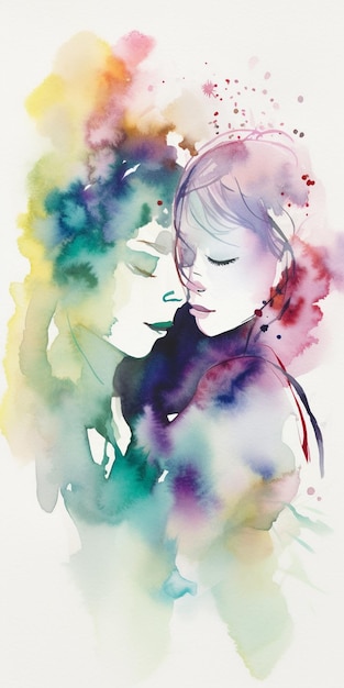 A watercolor painting of a girl and her mom.