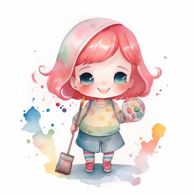 A watercolor painting of a girl holding a paintbrush.