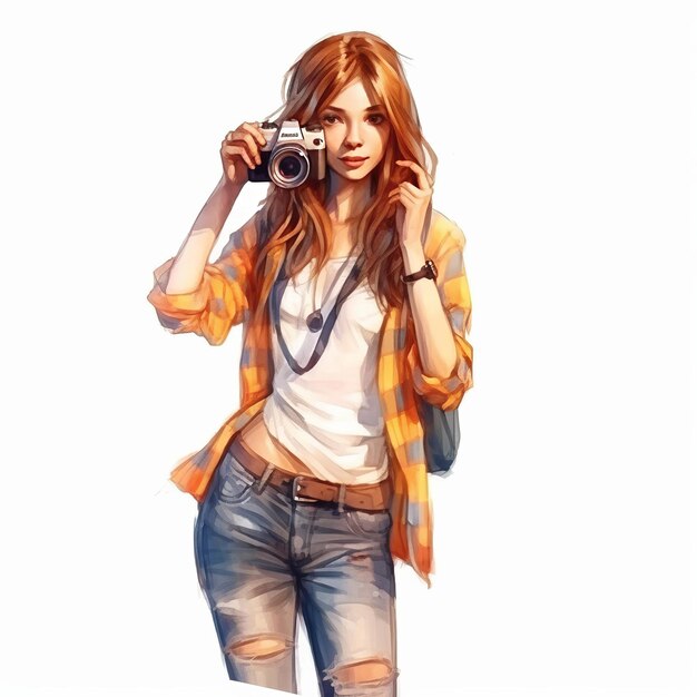 Photo watercolor painting girl in jeans with a hat and camera