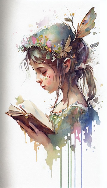 A watercolor painting of a girl reading a book.