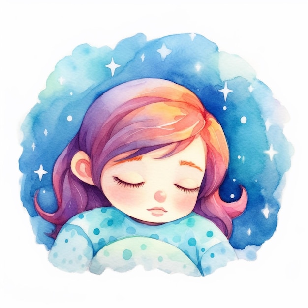 A watercolor painting of a girl sleeping in a blue polka dot shirt.