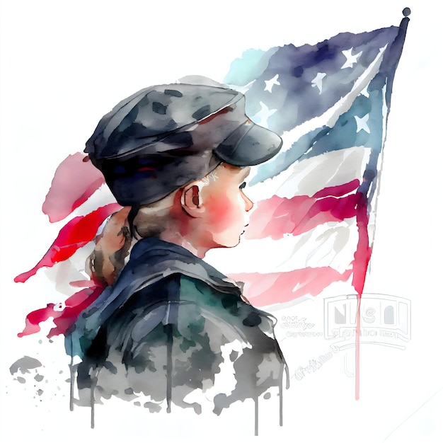 A watercolor painting of a girl in uniform and the american flag.