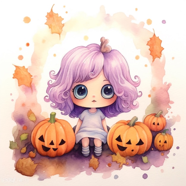 A watercolor painting of a girl with purple hair and purple eyes sits in a pumpkin patch.