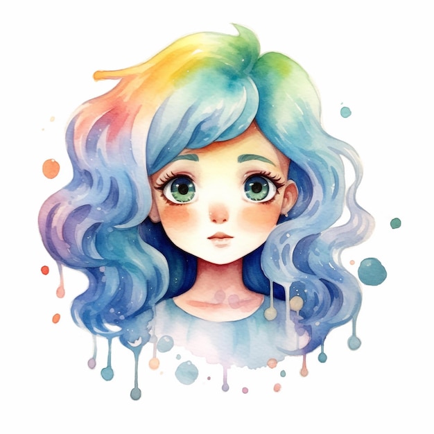 A watercolor painting of a girl with rainbow hair.