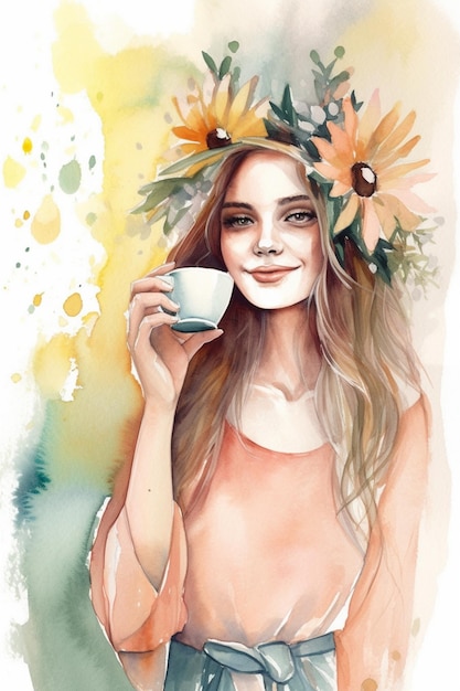 Foto un dipinto ad acquerello di una ragazza con una ghirlanda di fiori sulla testa