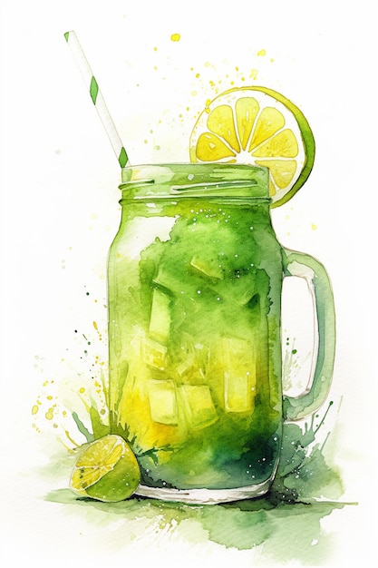 A watercolor painting of a glass of green cocktail with a straw and a straw.